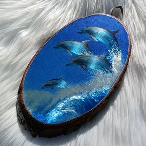 Dolphin Wall Hanging Plaque Wood Slice Slab Bark Trim Blue Dolphins Ocean Decor